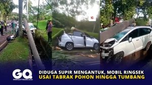 Diduga Supir Mengantuk, Mobil Ringsek usai Tabrak Pohon hingga Tumbang