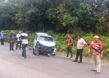 Mobil Avanza Terlibat Laka Tunggal di jalan Lagoi Kabupaten Bintan.