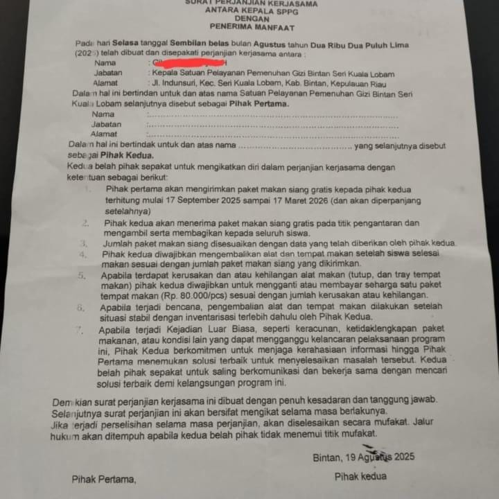 Viral Surat Perjanjian Minta Sekolah di Bintan Rahasiakan Keracunan MBG..