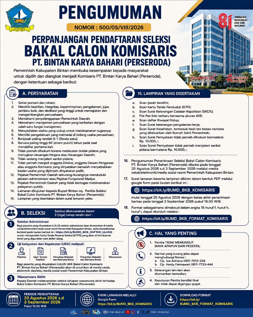 Seleksi Komisaris dan Direktur BUMD PT Bintan Karya Bahari Diperpanjang hingga Awal September.