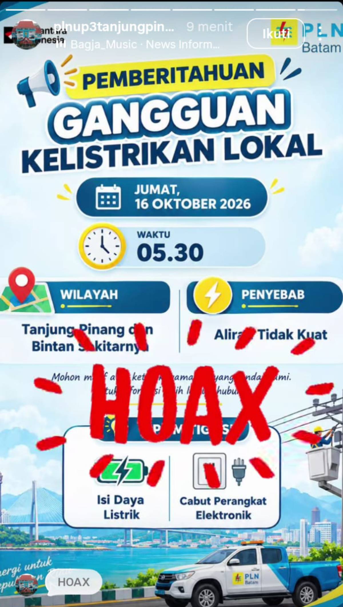 PLN Tegaskan Kabar Pemadaman Listrik di Tanjungpinang-Bintan pada 16 Oktober 2026 adalah Hoaks.